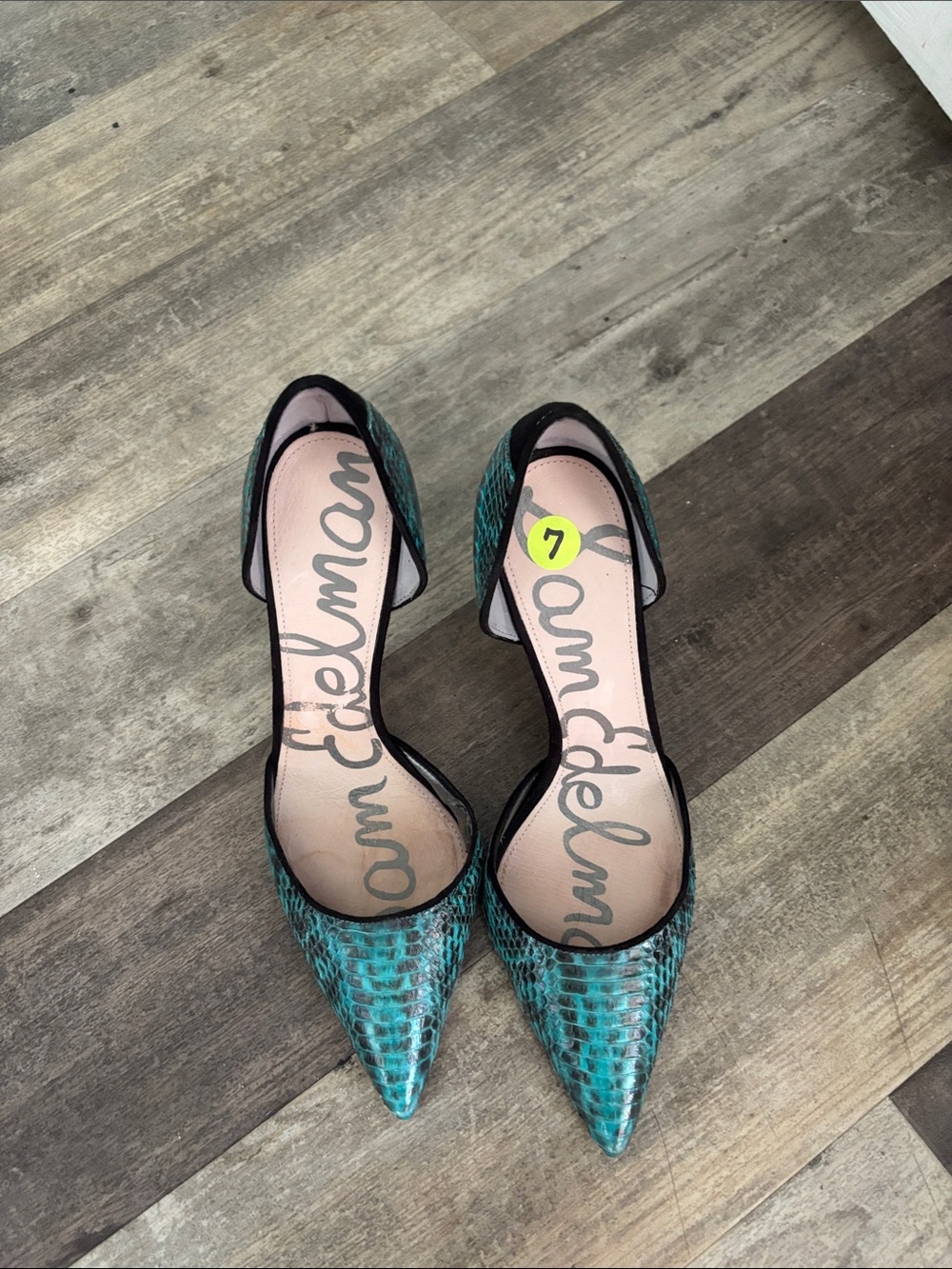Sam Edelman Delilah Snakeskin Leather Black Turquoise Pumps Sz 7 - Picture 3 of 6